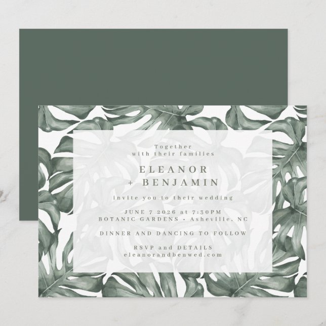 Invitation Boho Green Monstera Feuilles tendance tout en un (Devant / Derrière)
