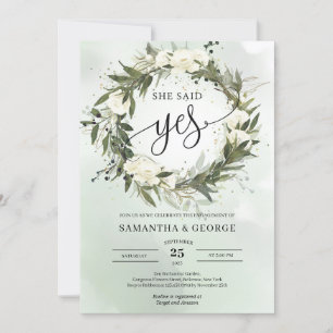 Invitation Boho Green Olive wreath blanc roses elle a dit oui