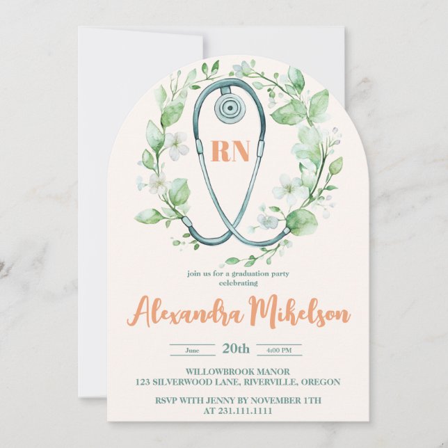 Invitation Boho Green Photo Aquarelle École de soins infirmie (Devant)