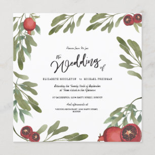 Invitation Boho Green Pomegranate Feuille Moderne Botanique