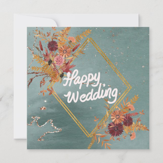 Invitation Boho Green Red Floral Motif Mariage Heureux (Devant)