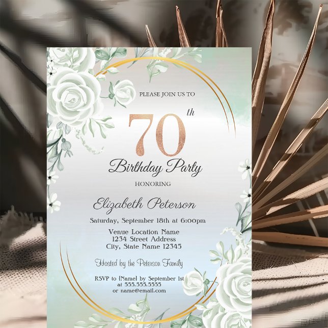 Invitation Boho Green Roses Silver 70th Birthday  (Créateur téléchargé)