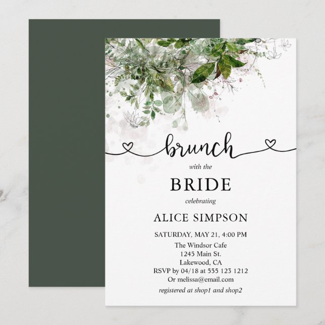Invitation Boho Green Script Heart Brunch Fête des mariées (Devant / Derrière)