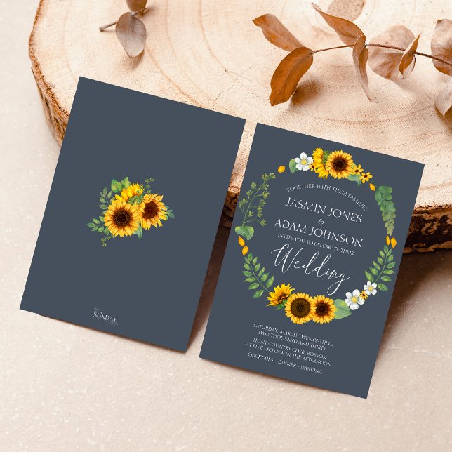 Invitation Boho Green Sunflower Royal Blue Mariage (Rustic Yellow and Navy Blue Sunflower Boho Wedding Invitation)