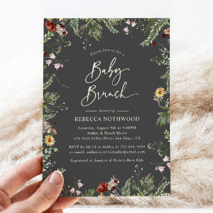 Invitation Boho gris foncé Fleurs sauvages Baby Brunch Invita
