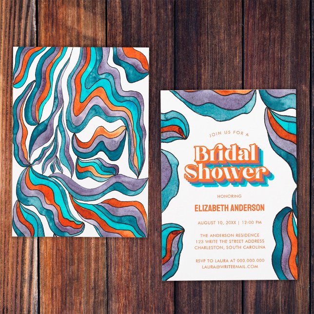 Invitation Boho Groovy Rétro Couleurs Vives Ondulées Fête de  (Front and Back)