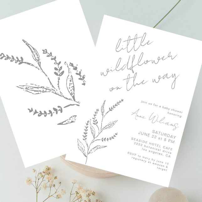 Invitation Boho Hand-drawn Wildflower White Grey Baby Shower (Créateur téléchargé)