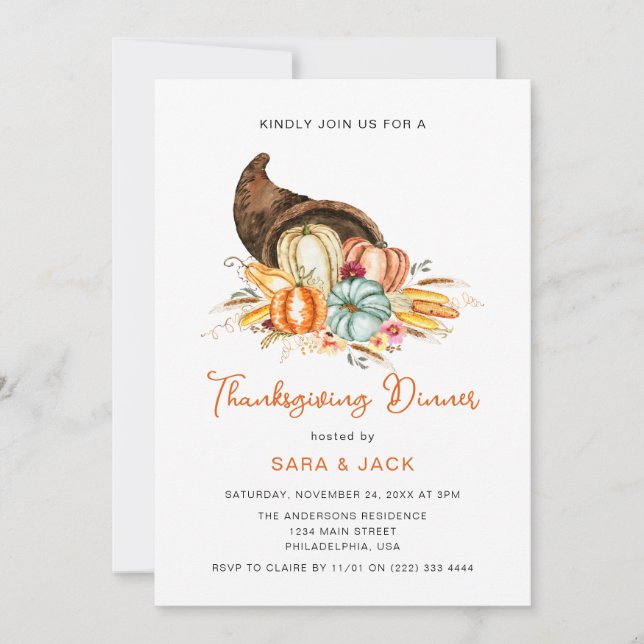 Invitation Boho Harvest Automne Citrouille Thanksgiving Dîner (Devant)