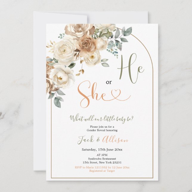 Invitation Boho He ou She Rustic Automne Floral Genre Reveill (Devant)