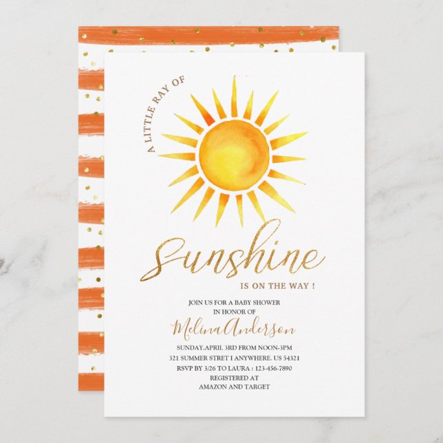 Invitation Boho Hello Sunshine watercolor baby shower (Devant / Derrière)