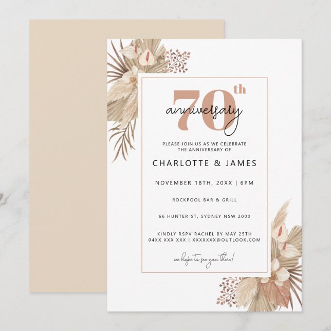 Invitation Boho Herbe de la Pampa 70e anniversaire de mariage (Devant / Derrière)
