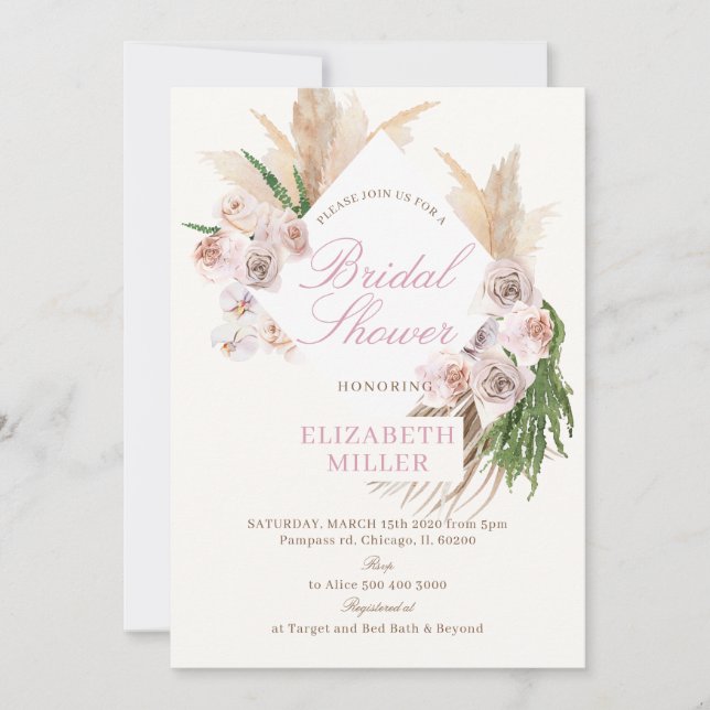 Invitation Boho Herbe de Pampas Fleur Rose Floral (Devant)