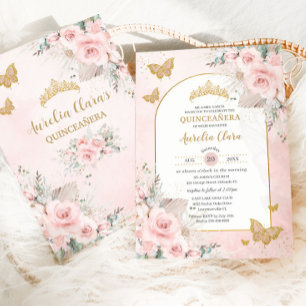 Invitation Boho Herbe de Pampas Rose Foncé Floral Quinceañera