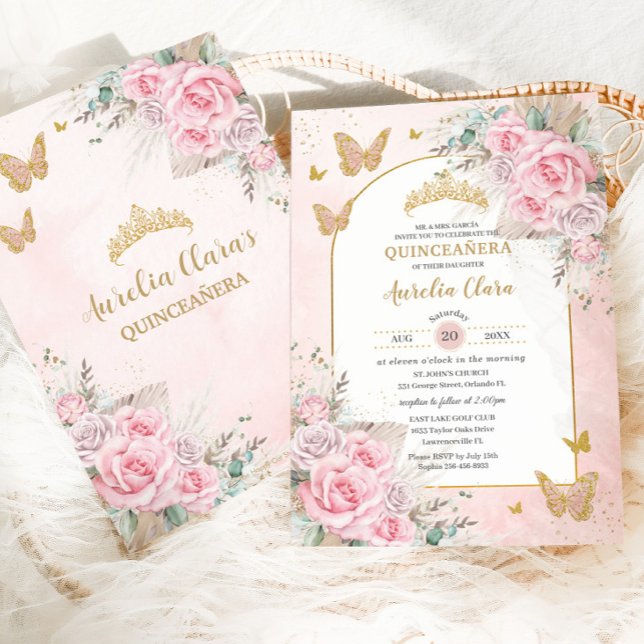 Invitation Boho Herbe des Pampas Roses Roses Fleuris Quinceañ (Créateur téléchargé)