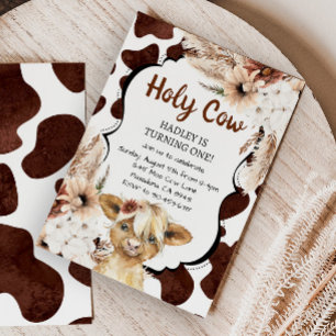 Invitation Boho Highland Cow Je suis une fille premier annive
