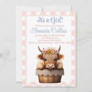 Invitation Boho Highland vache baby shower fleuri rustique