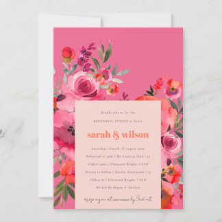Invitation Boho Hot Rose Aquarelle Floral Rehearer Dîner