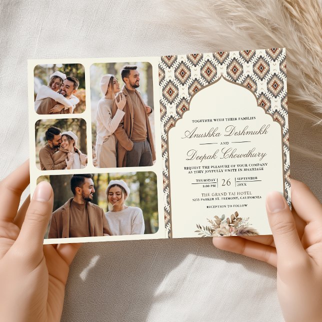 Invitation Boho Ivoire Beige Ikat Collage Photo Mariage Indie (Créateur téléchargé)