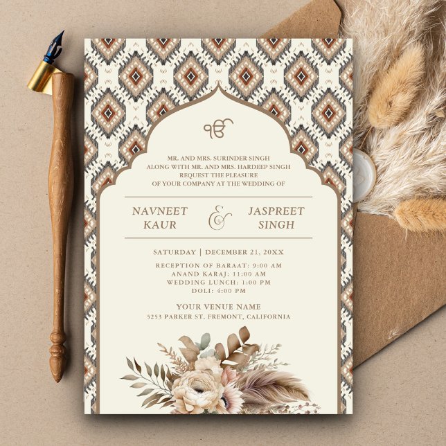 Invitation Boho Ivory Beige Ikat Anand Karaj Sikh Mariage (Créateur téléchargé)