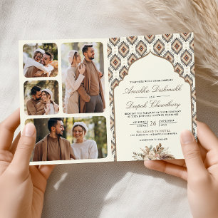 Invitation Boho Ivory Beige Ikat Photo Collage Mariage indien