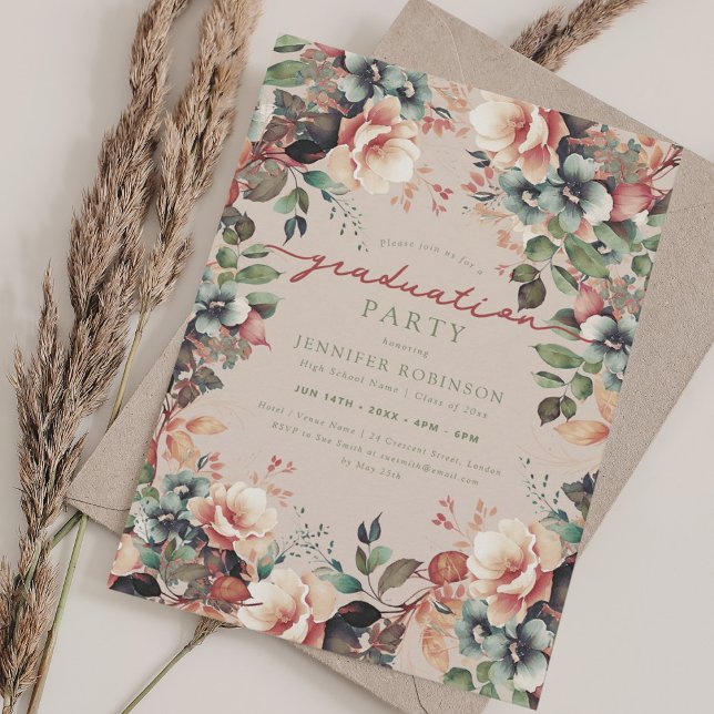 Invitation Boho Jardin botanique Champagne de Graduation Flor (Boho Botanical Garden Floral Graduation Champagne Invitation)
