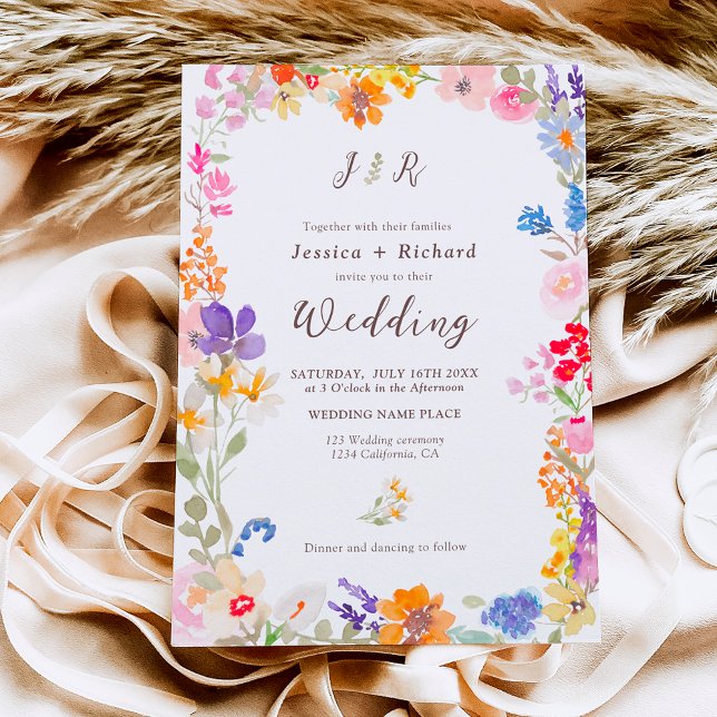 Invitation Boho jardin été floral photo initiales mariage (Boho garden summer floral photo initials wedding invitation)