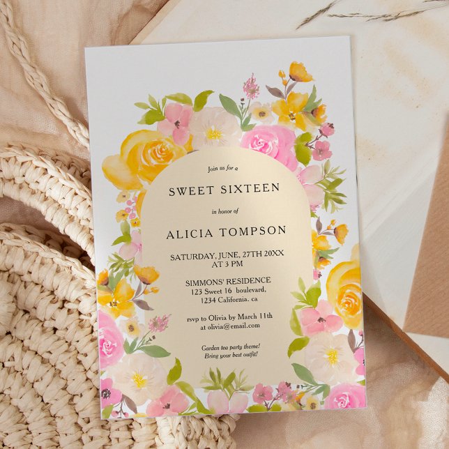 Invitation Boho Jaune arche florale rose chic Sweet 16 (Boho Yellow pink floral arch chic Sweet 16 Invitation)