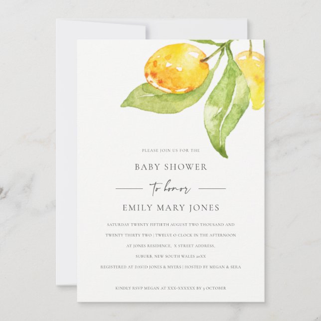 INVITATION BOHO JAUNE COULEUR D'EAU FOLIAGE BABY SHOWER OLIVE (Devant)