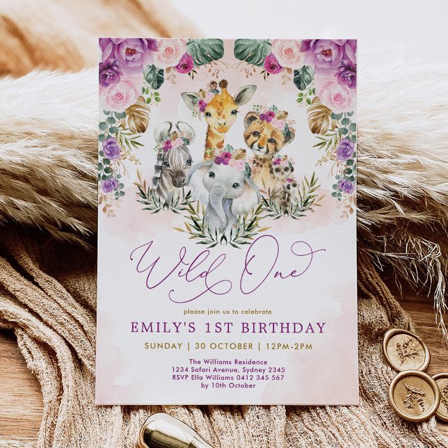 Invitation Boho Jungle Animaux Wild One Girl 1er anniversaire (Créateur téléchargé)