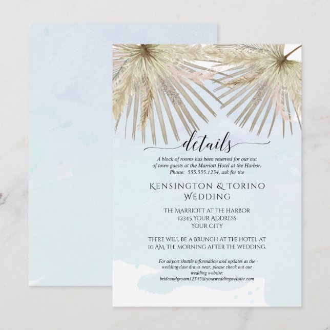 Invitation Boho Jungle de Palmiers Feuillage Bleu Détails Bor (Devant / Derrière)