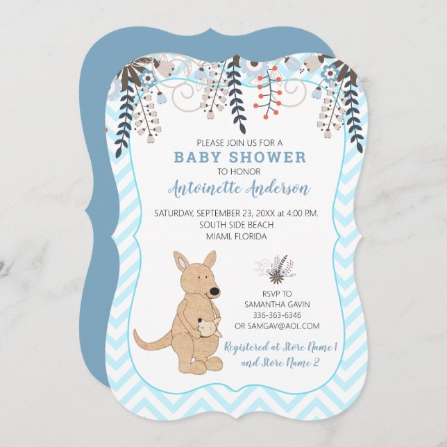 Invitation Boho Kangaroo Aquarelle Floral Boy Baby shower (Devant / Derrière)
