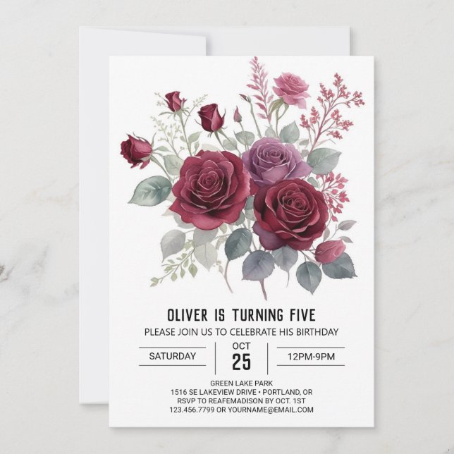 Invitation Boho Kids Burgundy Floral Birthday (Devant)