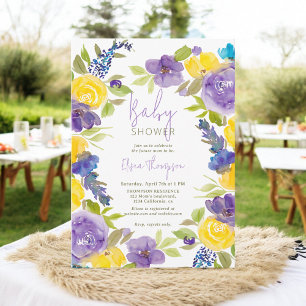 Invitation Boho lavande baby shower fleuri jaune