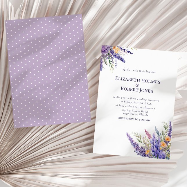 Invitation Boho Lavande Lilas Aquarelle Fleurs Sauvages Maria (Boho Lavender Lilac Watercolor Wildflowers Wedding Invitation on a sunny neutral dry palm leaf.)