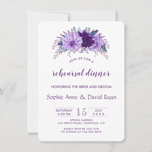 Invitation Boho Lavender Plum Floral Purple Dîner De Répétiti (Devant)