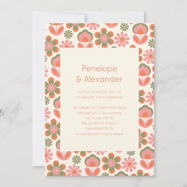 Invitation Boho les années 70 Fleurs rose Mariage vert (Devant)