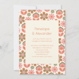 Invitation Boho les années 70 Fleurs rose Mariage vert