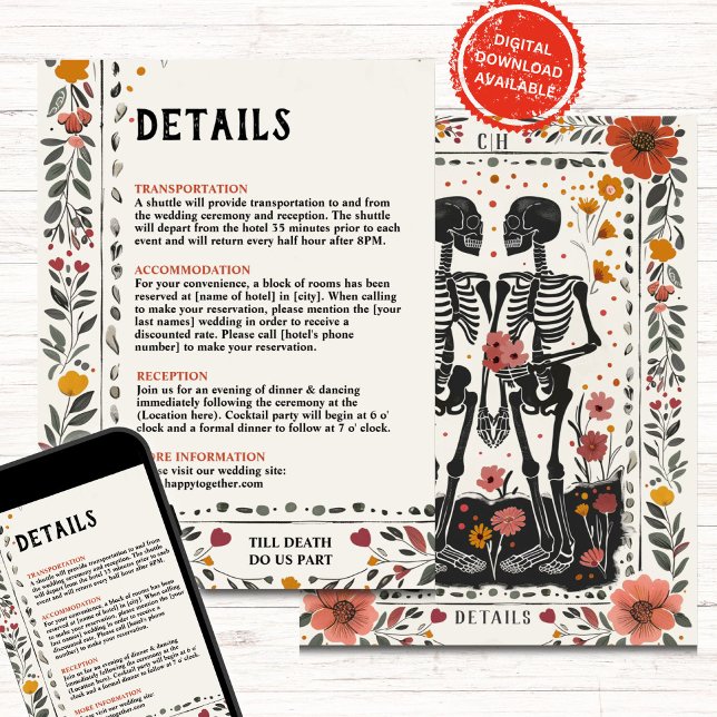Invitation Boho Letterpress Style Skeleton Tarot Details (Créateur téléchargé)