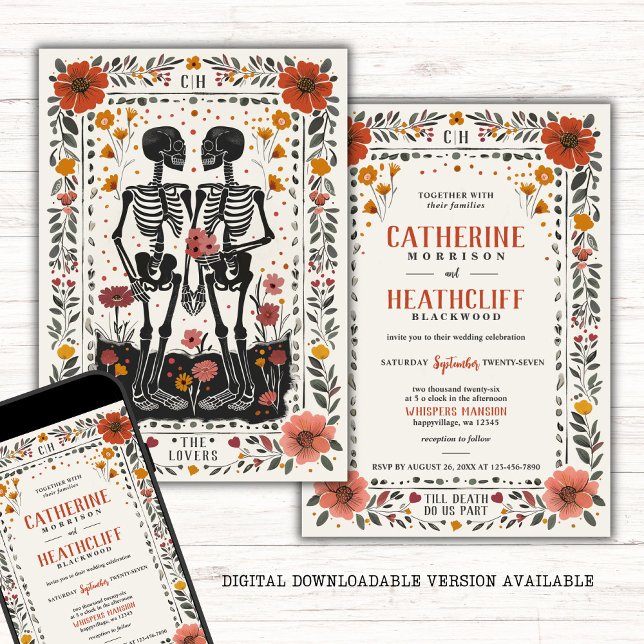 Invitation Boho Letterpress Style Skeleton Tarot Mariage (Créateur téléchargé)