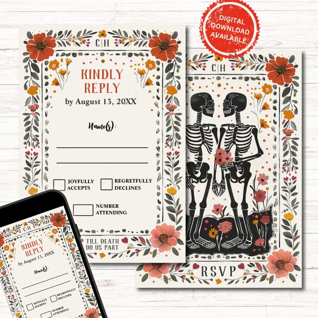 Invitation Boho Letterpress Style Skeleton Tarot Wedding RSVP (Créateur téléchargé)