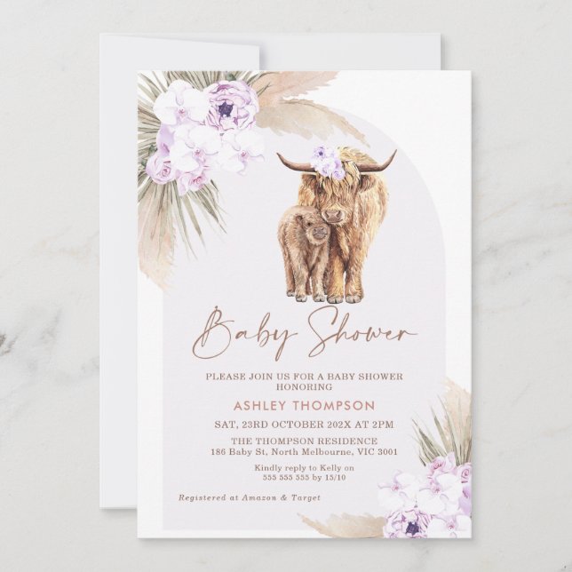 Invitation Boho Lilac Arc Floral Highland Vache Baby shower (Devant)