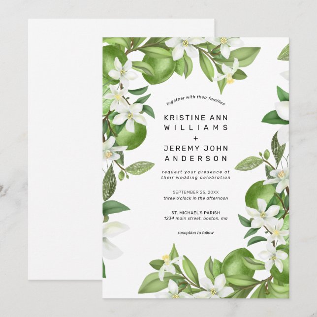 Invitation Boho Lime Blanc Floral Aquarelle Mariage (Devant / Derrière)