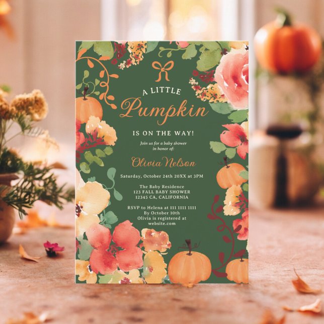 Invitation Boho Little citrouille baby shower fleuri vert (Fall Boho Little pumpkin green floral baby shower Invitation)
