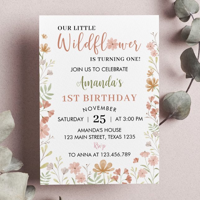 Invitation Boho Little Fleur sauvage 1er anniversaire Invitat (Créateur téléchargé)