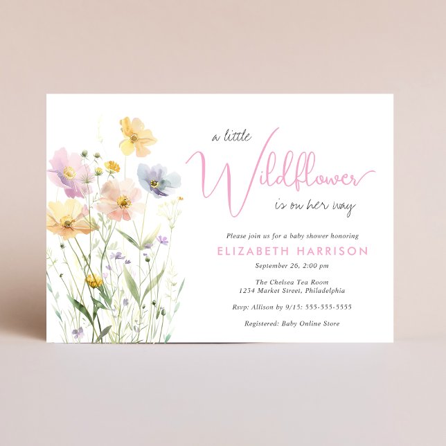 Invitation Boho Little Fleur sauvage Aquarelle bébé fille dou (Créateur téléchargé)