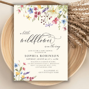 Invitation Boho Little Fleur sauvage Script Baby shower beige