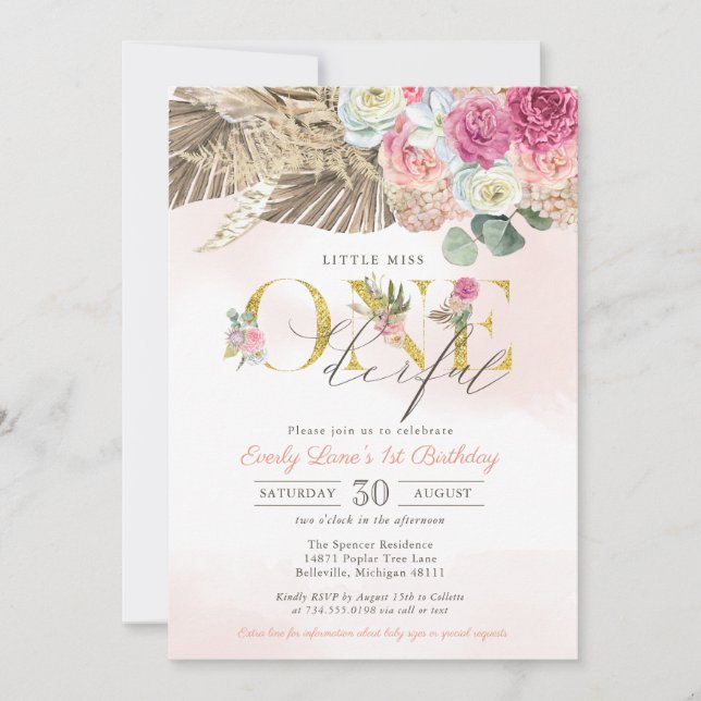 Invitation Boho Little Miss ONE derful Floral Premier anniver (Devant)