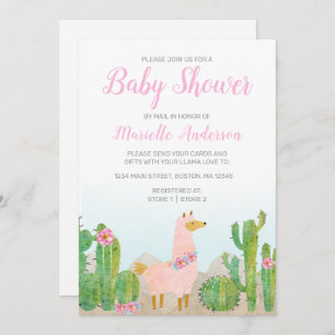 Invitation Boho Llama Baby shower d'aquarelle rose par courri
