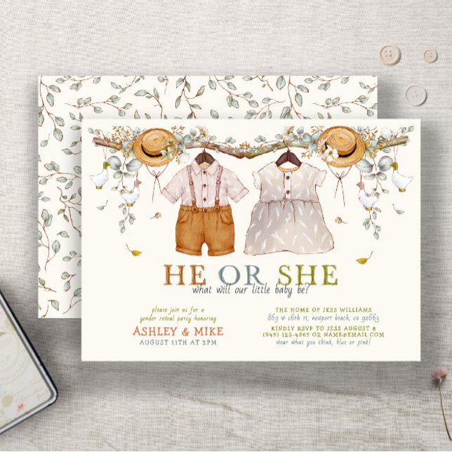 Invitation Boho Lui ou Elle Vêtements Neutre Sexe Révélation (Easily personalize this sweet gender neutral boho gender reveal invitation for the perfect invite)