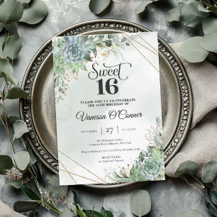 Invitation Boho lush succulents fleurs eucalyptus cadre or